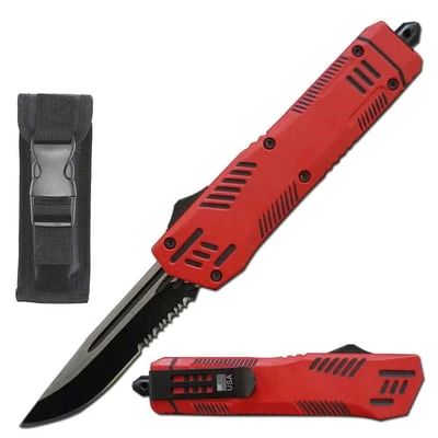 9" Automatic Dual Action Red Pitbull OTF Serrated Blade Knife 3 9" Automatic Dual Action Red Pitbull OTF Serrated Blade Knife