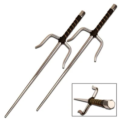 Chrome Finish Metal Sai Set With Leather Wrapped Handle - 21.5 Inch Overall -SHURIKEN Sales Store 2312C.1