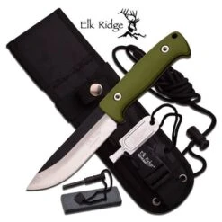 Elk Ridge BushCraft 10.5 Inch Fixed Blade Hunting Knife Olive Green Nylon Fiber Handle