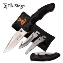 Elk Ridge Folding Knife 3 Interchangeable Blades Nylon Sheath Black