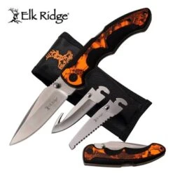 Elk Ridge Folding Knife 3 Interchangeable Blade Orange Nylon Sheath
