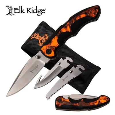 Elk Ridge Folding Knife 3 Interchangeable Blade Orange Nylon Sheath 3 Elk Ridge Folding Knife 3 Interchangeable Blade Orange Nylon Sheath