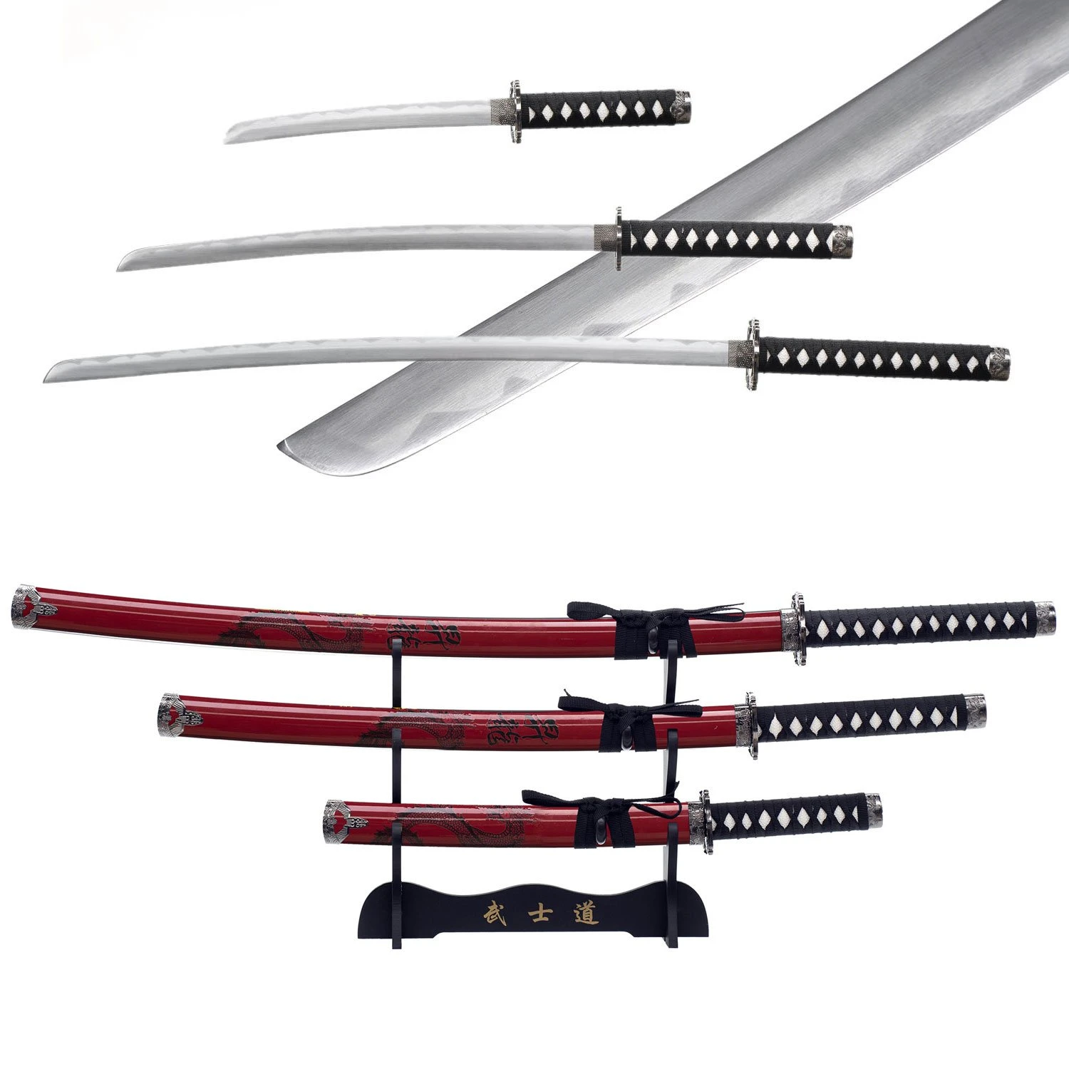 3pc Red Dragon Japanese Katana Samurai Sword Set Carbon Steel Blade Bushido Stand 3 3pc Red Dragon Japanese Katana Samurai Sword Set Carbon Steel Blade Bushido Stand