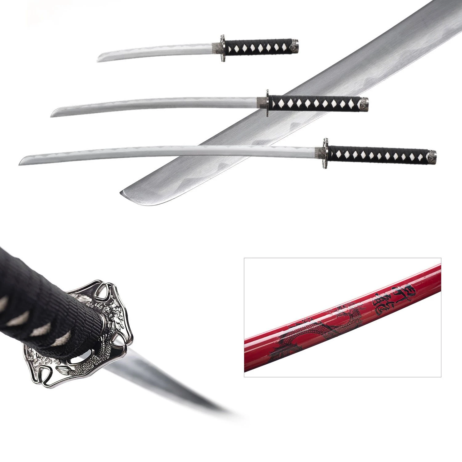 3pc Red Dragon Japanese Katana Samurai Sword Set Carbon Steel Blade Bushido Stand 4 3pc Red Dragon Japanese Katana Samurai Sword Set Carbon Steel Blade Bushido Stand - Image 2