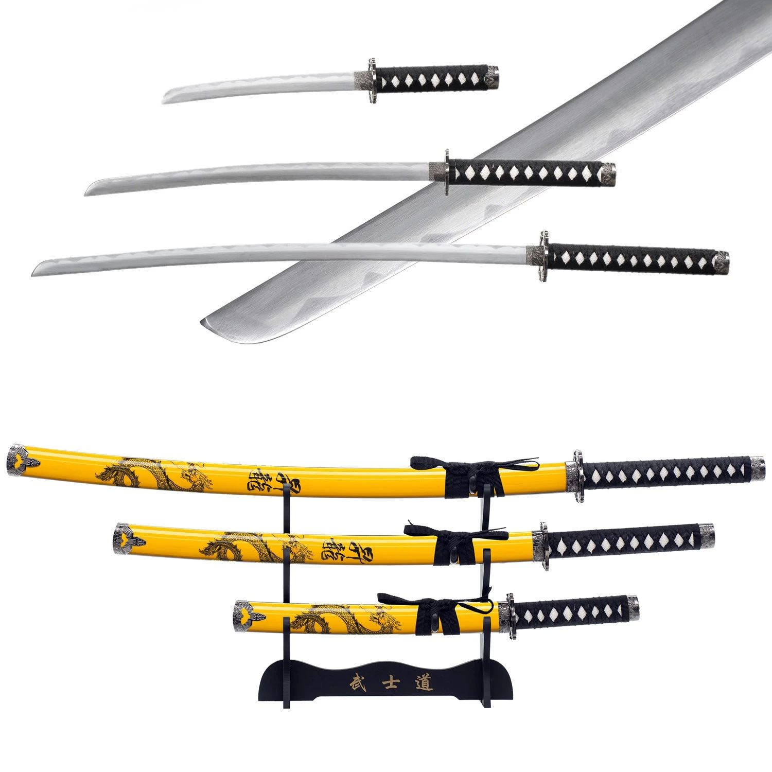 3pc Yellow Dragon Japanese Katana Samurai Sword Set Carbon Steel Blade Bushido Stand 3 3pc Yellow Dragon Japanese Katana Samurai Sword Set Carbon Steel Blade Bushido Stand