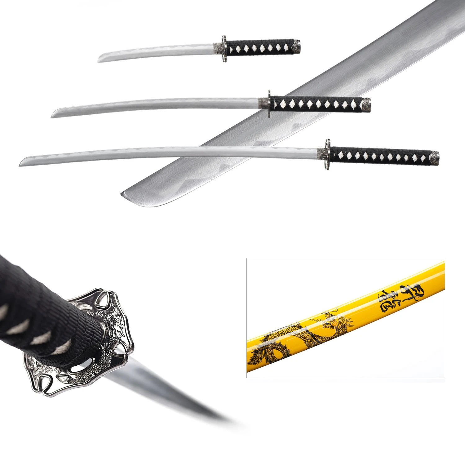 3pc Yellow Dragon Japanese Katana Samurai Sword Set Carbon Steel Blade Bushido Stand 4 3pc Yellow Dragon Japanese Katana Samurai Sword Set Carbon Steel Blade Bushido Stand - Image 2