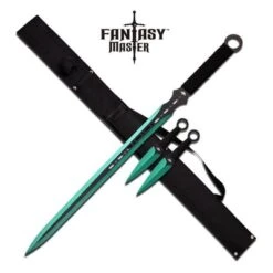 Green Ninja Sword With Set Of 2 Kunai Throwing Knives Combo Set With Back Belt Sheath