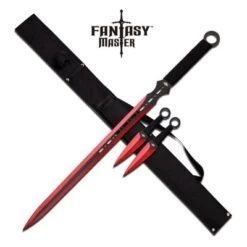 Red Ninja Sword With Set Of 2 Kunai Throwing Knives Combo Set With Back Belt Sheath
