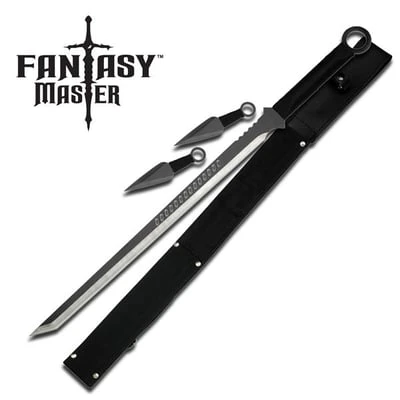 Black Ninja Sword With Set Of 2 Kunai Throwing Knives Combo Set With Back Belt Sheath 3 Black Ninja Sword With Set Of 2 Kunai Throwing Knives Combo Set With Back Belt Sheath