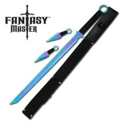 Titanium Sword With Set Of 2 Kunai Throwing Knives Combo Set With Back Belt Sheath