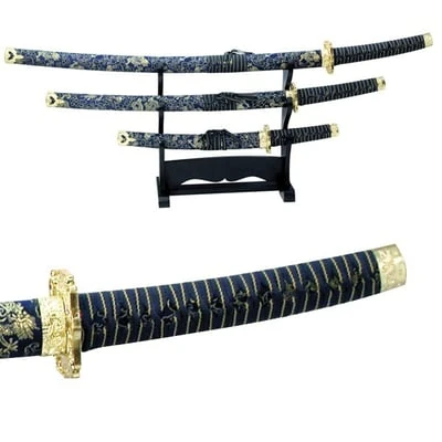 3 PCS Blue Samurai Sword Set W/ Stand 3 3 PCS Blue Samurai Sword Set W/ Stand