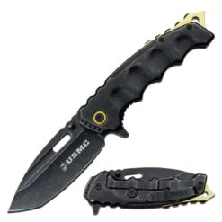USMC Tactical Spring Assist Knife Stonewash Gold Marines Pocket Knife