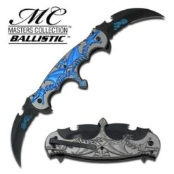 Spring Assist - 'Legal Automatic' Knife - Double Blade Blue Flaming Dragon