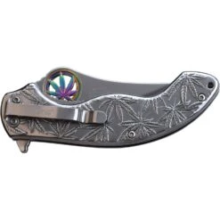 Marijuana Leaf Pocket Knife Silver Assisted Opening Knife -SHURIKEN Sales Store MT A1172MR closed