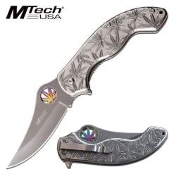 Marijuana Leaf Pocket Knife Silver Assisted Opening Knife