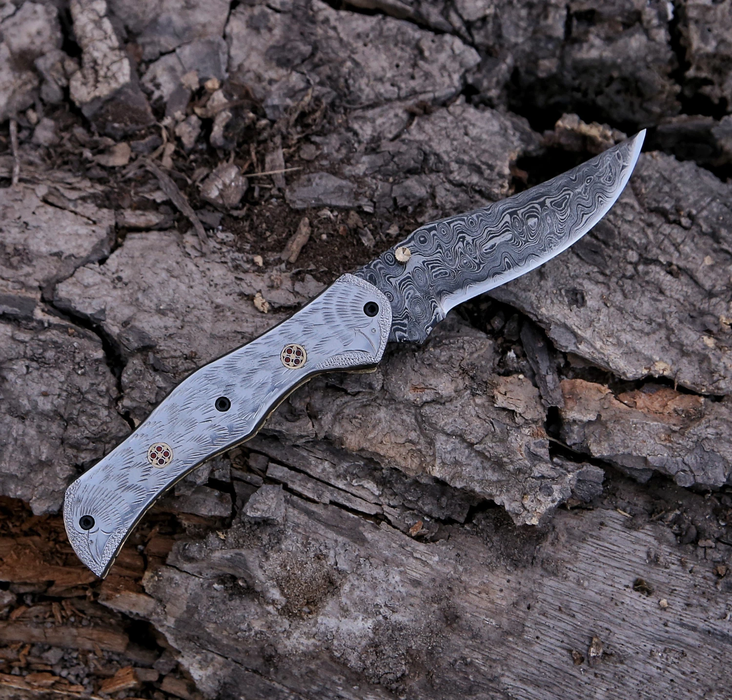 9.16" Damascus Steel Custom Handmade Folding Pocket Knife Engraved Steel Handle 3 9.16" Damascus Steel Custom Handmade Folding Pocket Knife Engraved Steel Handle