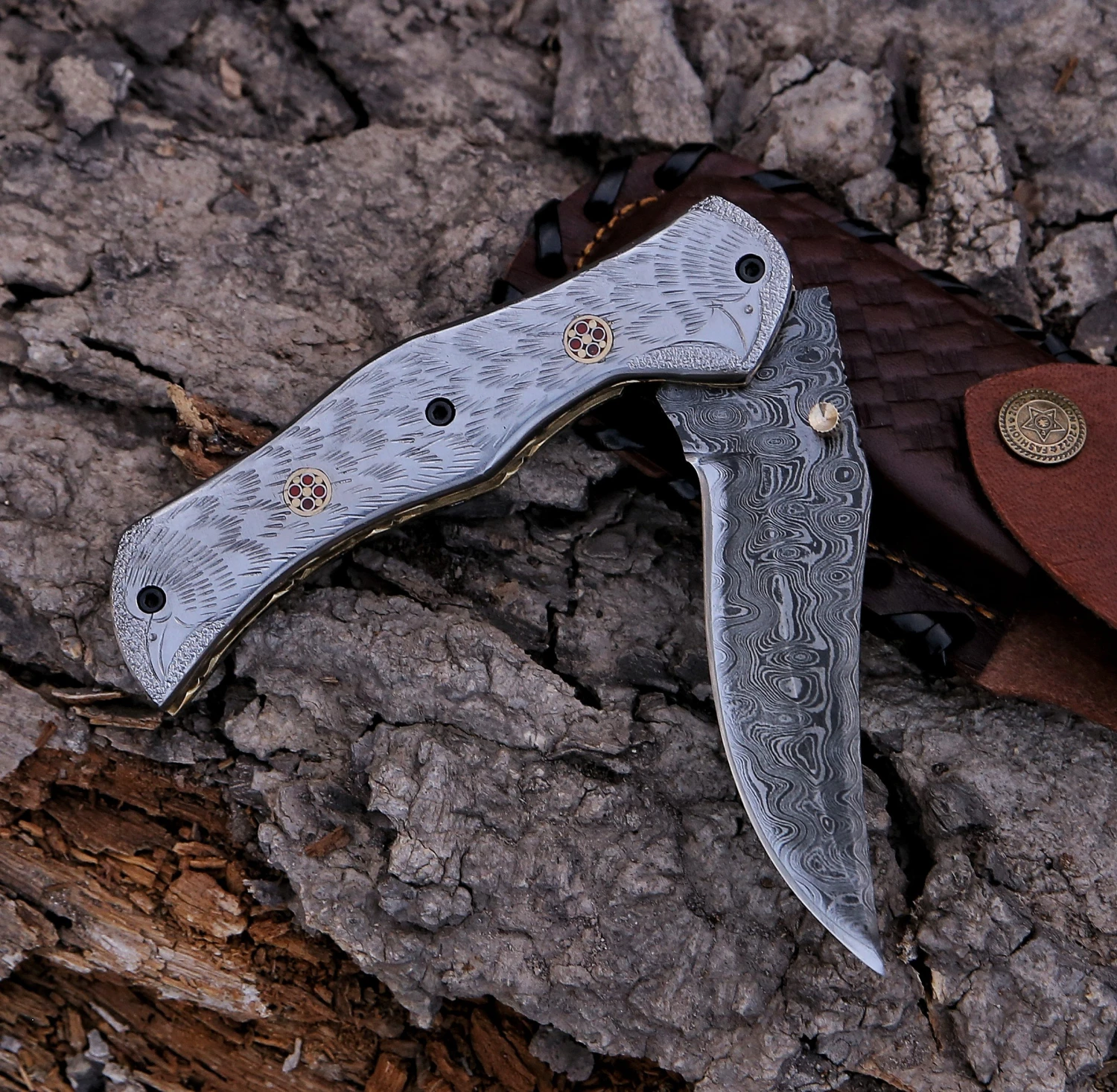 9.16" Damascus Steel Custom Handmade Folding Pocket Knife Engraved Steel Handle 5 9.16" Damascus Steel Custom Handmade Folding Pocket Knife Engraved Steel Handle - Image 3