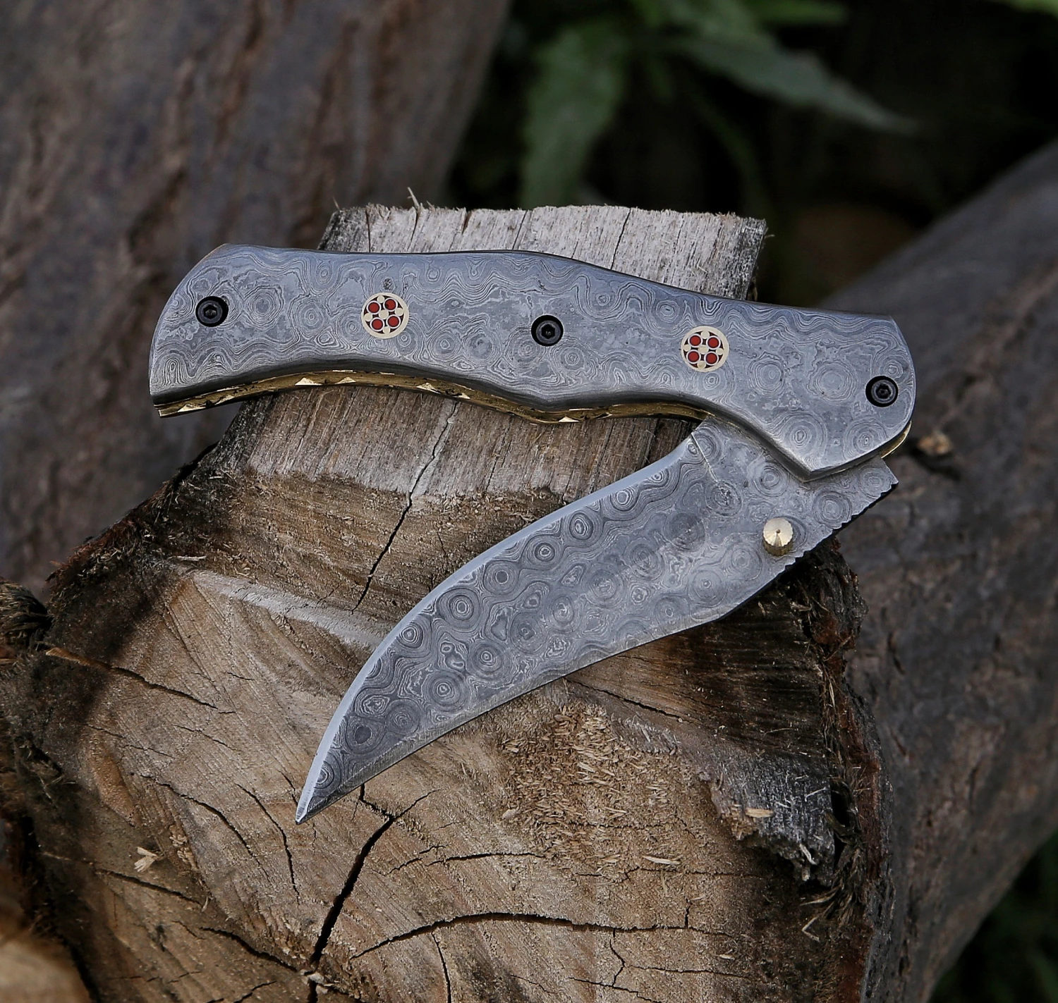 9.14" Damascus Steel Custom Handmade Folding Pocket Knife Engraved Handle 5 9.14" Damascus Steel Custom Handmade Folding Pocket Knife Engraved Handle - Image 3