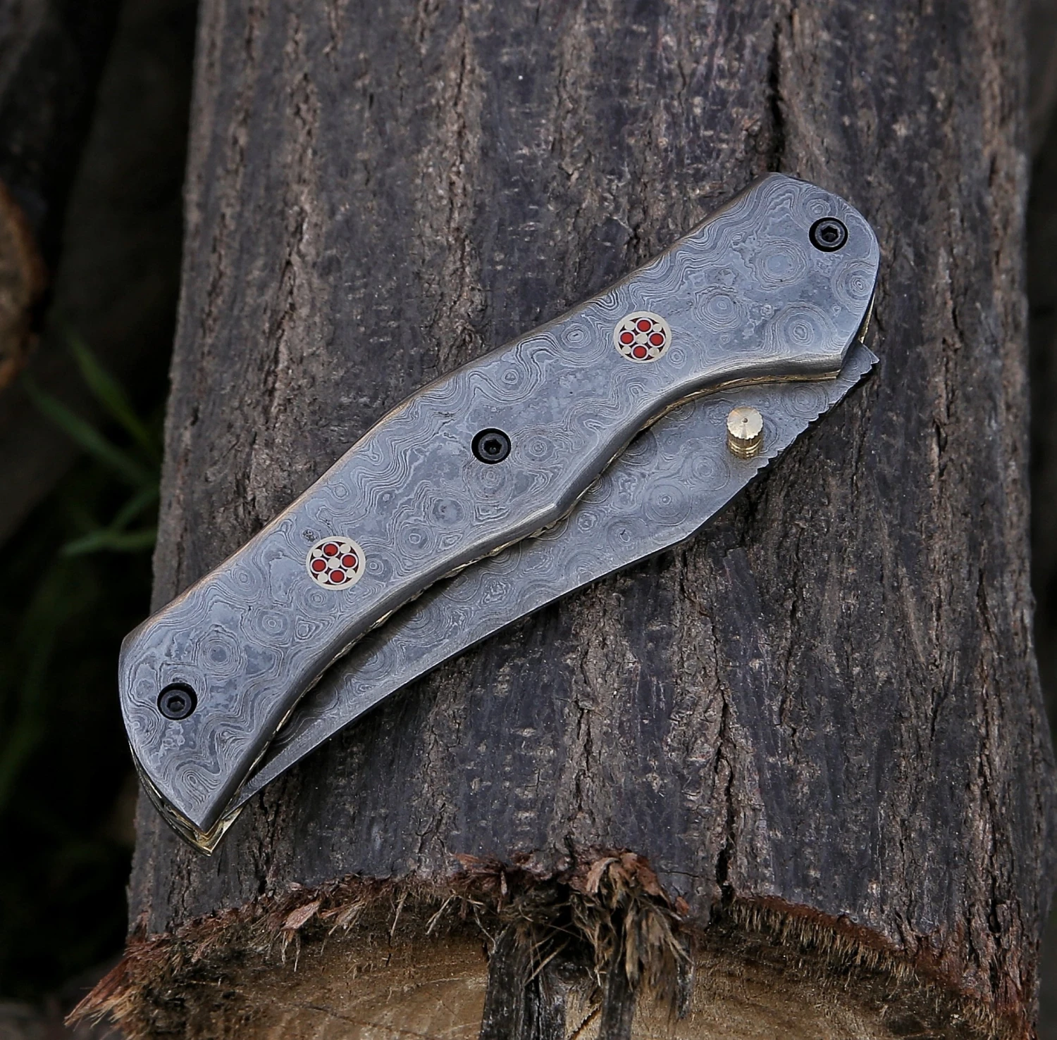 9.14" Damascus Steel Custom Handmade Folding Pocket Knife Engraved Handle 6 9.14" Damascus Steel Custom Handmade Folding Pocket Knife Engraved Handle - Image 4