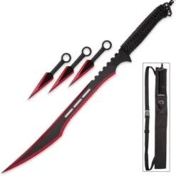 Red Ninja Sword Full Tang Machete Tactical Blade 3 Pcs Kunai Throwing Knife Set