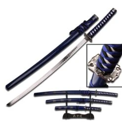 3 Pcs Dragon Samurai Katana Sword Set - Blue And Black