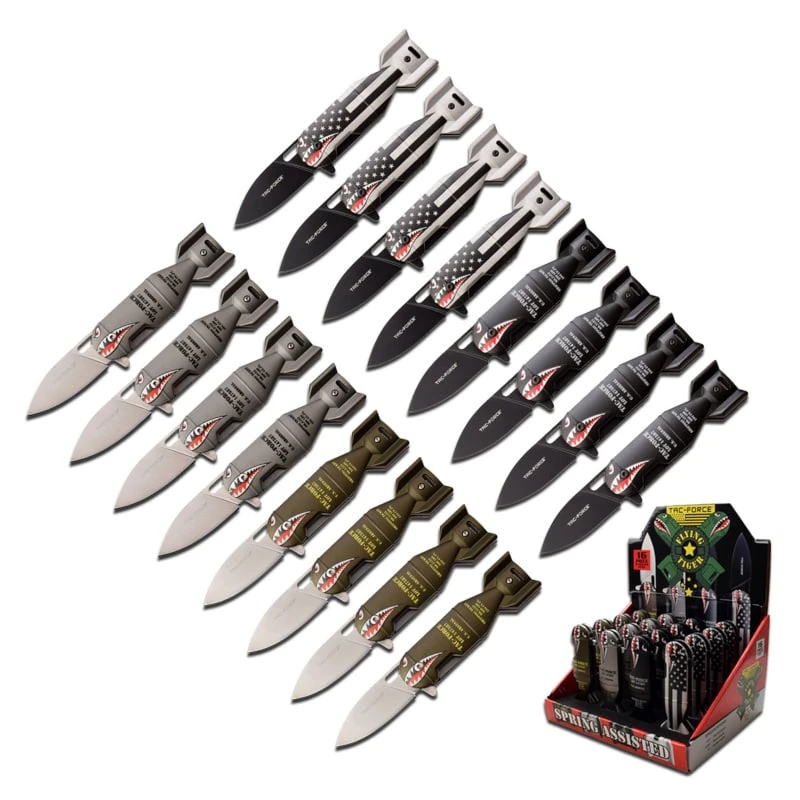 WW2 Bomber Design Spring Assisted Knife | 16 Pocket Knives In POP Box 3 WW2 Bomber Design Spring Assisted Knife | 16 Pocket Knives In POP Box